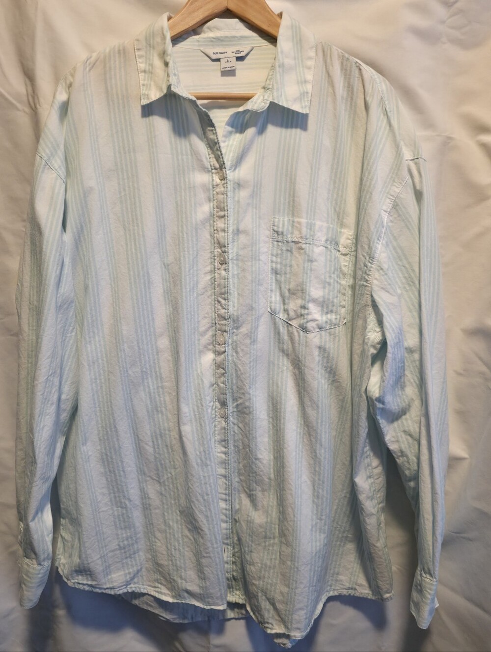 Old Navy Boyfriend Mint Green & White Striped Button-Up Shirt L Tall